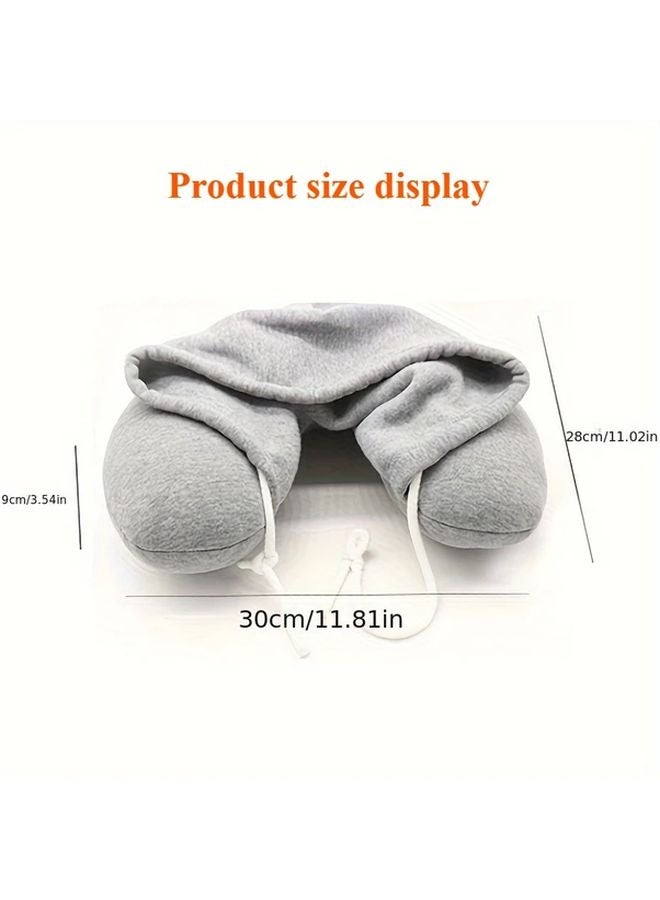 Light Grey Ergonomic Travel Neck Pillow With Noise Reducing Hood For Airplane Train Office - Image 2